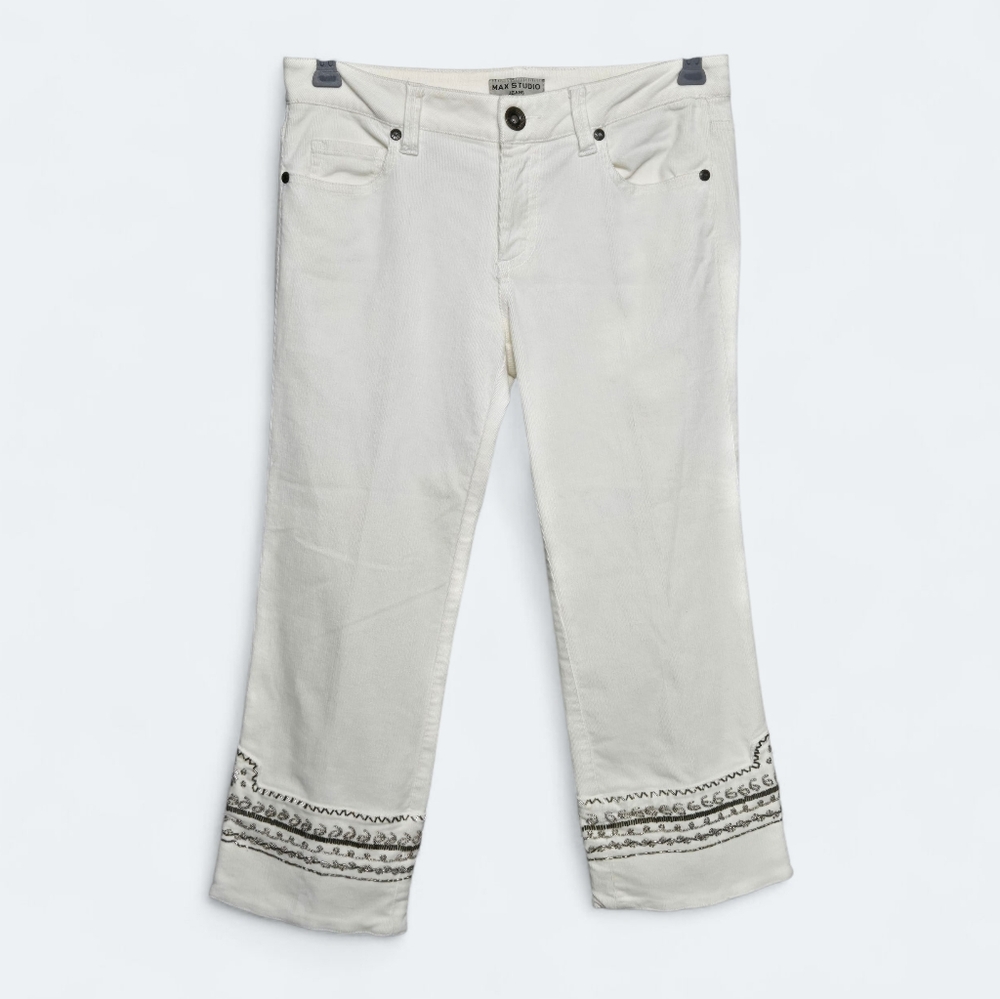 Max Studio Jeans Cropped Pants Embroidered Sequin Stretch Cotton Sz 4 Ivory